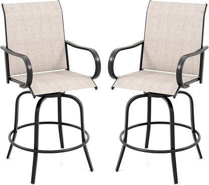 Tangkula Outdoor Swivel Bar Stools Set of 2, Bar Height Tall Patio Chairs with Armrests & High Back, Cozy Footrest & Solid Metal Support, High Top Bar Chairs for Backyard, Balcony, Poolside (1, Grey)