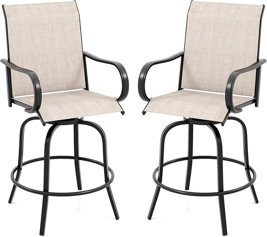 Tangkula Outdoor Swivel Bar Stools Set of 2, Bar Height Tall Patio Chairs with Armrests & High Back, Cozy Footrest & Solid Metal Support, High Top Bar Chairs for Backyard, Balcony, Poolside (1, Grey)