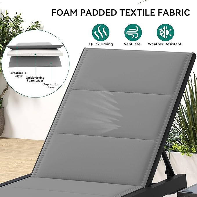 YITAHOME Outdoor Chaise Lounge Chairs Set of 3, Pool Loungers with Side Table, 5-Position Adjustable Backrest,Padded Fabric, and Wheels for Pool Beach Patio Lawn Porch - Grey