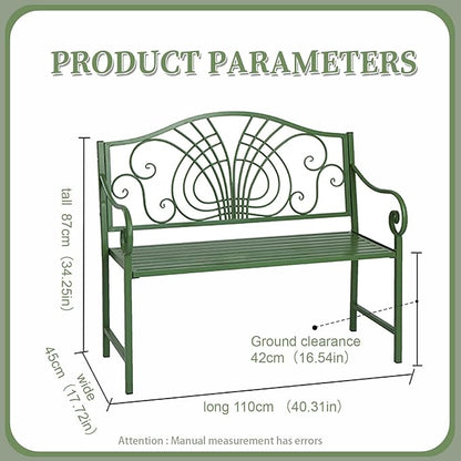 43" Outdoor Metal Garden Bench，Patio Bench，Porch Bench Chair,Outdoor Bench 2-Person,Iron Steel Frame Patio Bench,with Backrest and Armrests,Porch Bench for Poolside, Balcony,Green