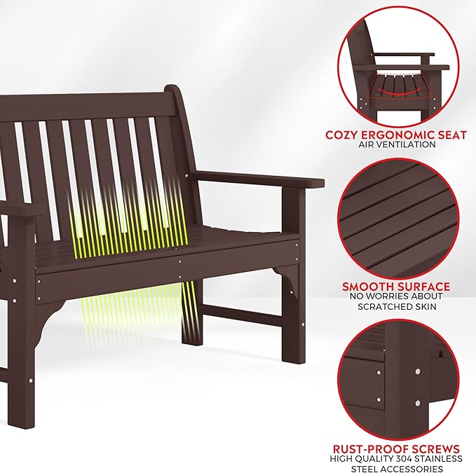 Costaelm Garden Bench, Farmhouse Park Front Porch for Entryway Bench Outdoor Seating Low Bench Patio Bench Outside/Indoor, Dark Brown