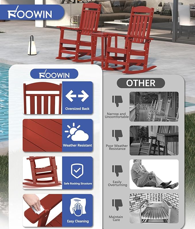 FOOWIN Outdoor Rocking Chair Set of 6, High Back Patio Rocking Chair, HDPE All Weather Resistant Porch Rocker for Adult, Oversized Rocking Chairs for Garden, Lawn, Indoor & Outdoor Use, Dark Red