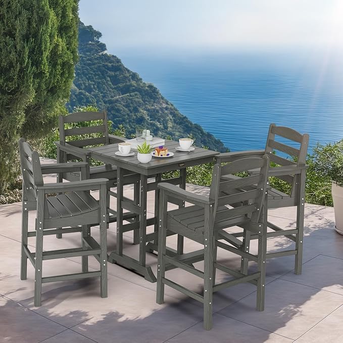 VINGLI Outdoor Bar Stools Set of 2, HDPE All-Weather Patio Bar Height Chairs Heavy-Duty Tall Adirondack Chairs for Backyard, Porch, Balcony and Poolside (Gray)
