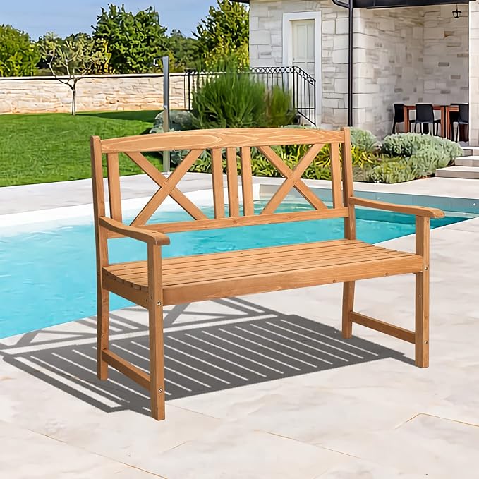 Garden Bench Loveseat - 2-Person Acacia Wood Bench with Armrest, Backrest, Sturdy Frame, 800lbs Capacity, Outside Park Bench for Patio, Yard, Front Porch, Outdoor Garden Bench, Natural
