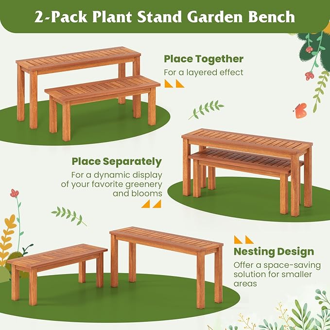 Tangkula Outdoor Backless Bench Set of 2, Solid Wood Patio Benches w/Slatted Seat, 2-Person Rustic Wooden Entryway Bench for Front Porch Garden Balcony Park Indoor, Weatherproof, Load up to 330 LBS