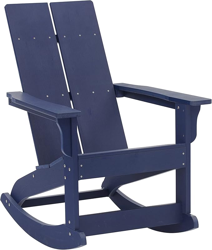 Flash Furniture Finn Modern Commercial Grade Poly Resin Wood Adirondack Rocking Chair - All Weather Navy Polystyrene - Dual Slat Back - Stainless Steel Hardware