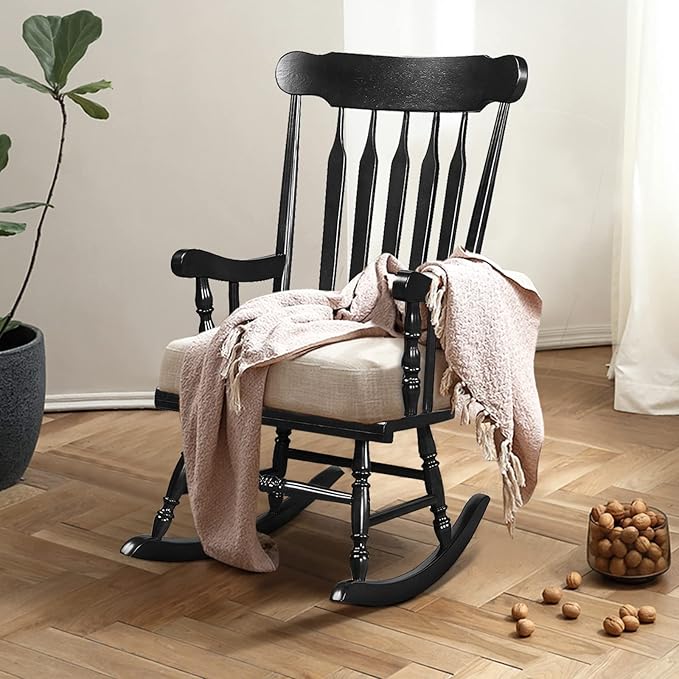 Giantex Outdoor Wood Rocking Chair - Patio Rocking Chair with Solid Rubber Wood Frame, Slat Back, Outside & Indoor Rocker for Garden, Poolside, Balcony, Backyard, Lawn, Front Porch Rocker, Black