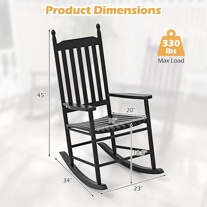 Giantex Outdoor Rocking Chair, All Weather Patio Rocker w/Solid Rocking Base & High-Back, Slatted Seat & Back, Acacia Wood Porch Rocker, Wooden Patio Rocking Chair for Backyard, Poolside, Black