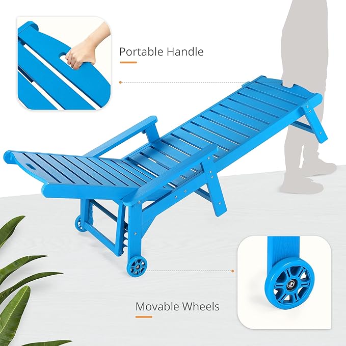 LUE BONA Outdoor Chaise Lounge, HDPS Chaise Lounger, 5 Positions Adjustable Lounge Chairs, Pool Lounge Chair with Wheels for Poolside, Backyard, Blue