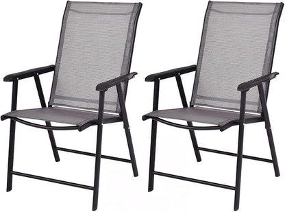 Giantex Set of 2 Patio Folding Chairs, Outdoor Chairs with Armrest, Portable Dining Chairs for Porch Camping Pool Beach Deck Lawn Garden, 2-Pack Patio Sling Chairs, Metal Frame, Grey