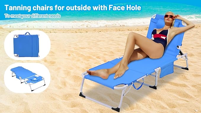 3-in-1 Heavy Duty Tanning Chair with Face Hole Adjustable 5-Position Folding Chaise Lounge Chairs Outside Portable Lay Flat Beach Lounge Chair for Outdoor Sunbathing Patio Pool Lawn (Blue)
