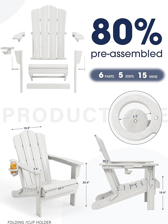KINGYES Folding Adirondack Chair, HDPE All-Weather Patio Chairs, Wooden Textured Lawn Chair for Poolside, Backyard, Deck - Photo 9