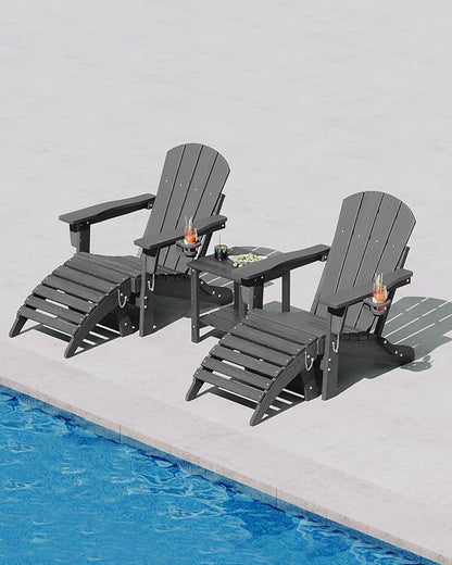 Folding Adirondack Chair Set of 2 with Ottoman, All-Weather HDPE Outdoor Chair, Wooden Textured with Cup Holder for patios, Decks, Gardens, fire pits, Grey
