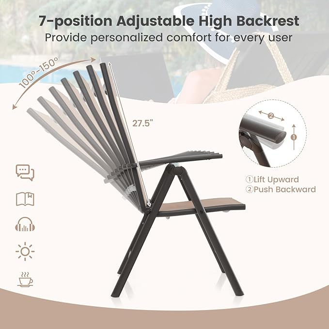 Giantex Set of 4 Folding Patio Chairs, High Back Outdoor Chairs with 7-Level Adjustable High Backrest, Portable Reclining Chairs for Lawn Porch Garden Poolside Camping, No Assembly, Brown