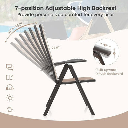 Giantex Set of 4 Folding Patio Chairs, High Back Outdoor Chairs with 7-Level Adjustable High Backrest, Portable Reclining Chairs for Lawn Porch Garden Poolside Camping, No Assembly, Brown
