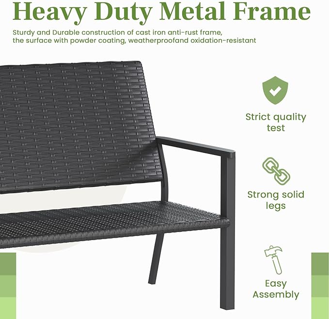 AECOJOY Outdoor Garden Bench, Weatherproof Wicker Outside Benches Clearance, Black Patio Loveseat with Backrest Armrests for Lawn Yard Porch Work Entryway (Black Rattan Back)