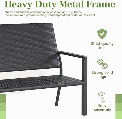 AECOJOY Outdoor Garden Bench, Weatherproof Wicker Outside Benches Clearance, Black Patio Loveseat with Backrest Armrests for Lawn Yard Porch Work Entryway (Black Rattan Back)