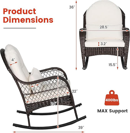 MEDIMALL Outdoor Wicker Rocking Chair, Patio Rattan Rocker w/Lumbar Pillow, Padded Seat & Back Cushions, Metal Frame, Mix Brown Wicker Furniture for Balcony, Porch, Deck, Backyard (Off White)