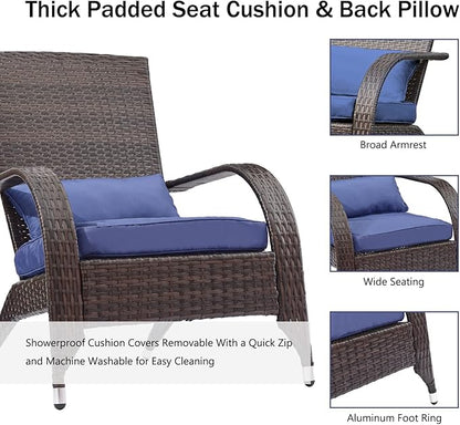 Outdoor Wicker Adirondack Chairs Set 2 Rattan Fire Pit Chairs Oversized Comfy Relax Accent Patio Chairs with Soft Cushion Low Deep Seating Tall Curved Backrest for Outside Backyard Deck Porch Navy