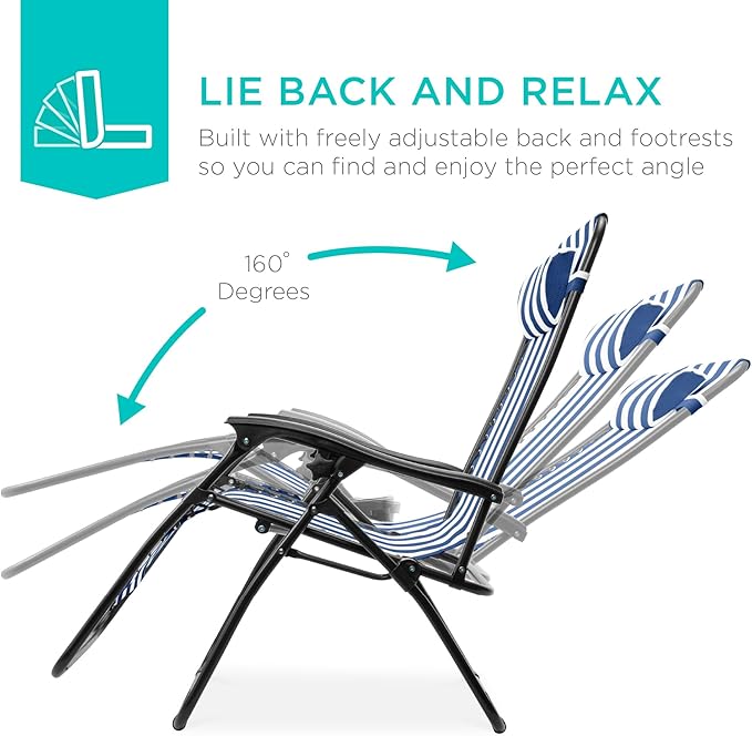 Best Choice Products Set of 2 Adjustable Steel Mesh Zero Gravity Lounge Chair Recliners w/Pillows and Cup Holder Trays - Photo 3