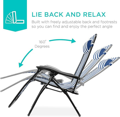 Best Choice Products Set of 2 Adjustable Steel Mesh Zero Gravity Lounge Chair Recliners w/Pillows and Cup Holder Trays - Mediterranean Blue Striped