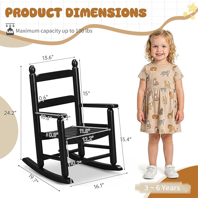 Outvita Kids Rocking Chair, Ergonomic Sturdy Toddler Rocking Chair with High Backrest & Rounded Armrests, Safe Solid Wood Baby Rocker Chair for Age 3-6, Outdoor, Living Room, Reading Room(Black)