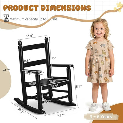 Outvita Kids Rocking Chair, Ergonomic Sturdy Toddler Rocking Chair with High Backrest & Rounded Armrests, Safe Solid Wood Baby Rocker Chair for Age 3-6, Outdoor, Living Room, Reading Room(Black)