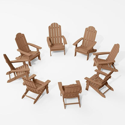 MXIMU Folding Adirondack Chair Set of 8 Weather Resistant Fire Pit Chairs Easy Assemble HIPS Plastic Outdoor Modern Adirondack Chairs for Patio, Lawn, Garden, Backyard, Deck（Teak）
