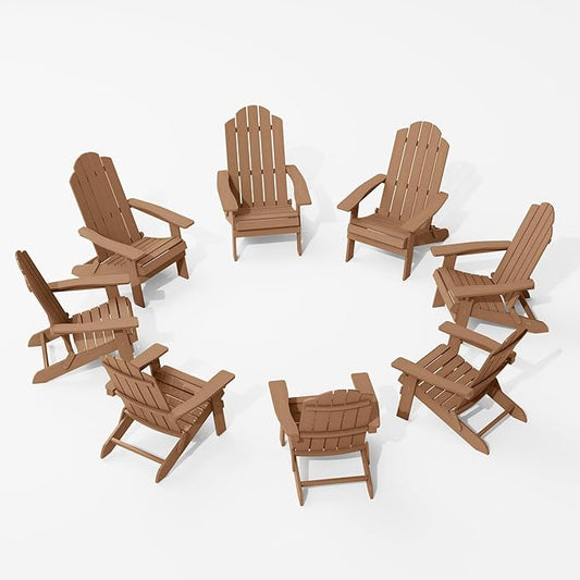 MXIMU Folding Adirondack Chair Set of 8 Weather Resistant Fire Pit Chairs Easy Assemble HIPS Plastic Outdoor Modern Adirondack Chairs for Patio, Lawn, Garden, Backyard, Deck（Teak）