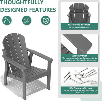Adirondack Chair Set of 8, All Weather HDPE Fire Pit Chairs, Oversized Plastic Adirondack Chair for Outdoor, Balcony, Deck, Backyard, Patio, Garden, Poolside, Lawn Grey