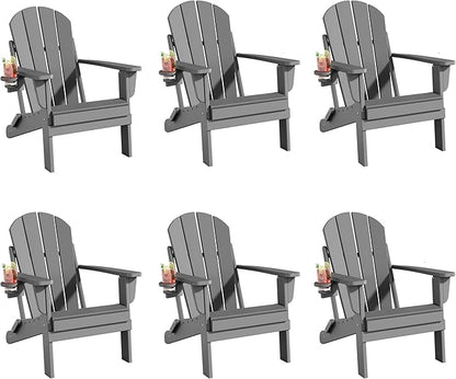 Folding Adirondack Chairs Set of 6, All-Weather Resistant HDPE Patio Firepit Chairs, Sturdy Outside Chairs with Cup Holder, Lawn Chairs, 80% Pre-Installed Load Capacity 385lb, Slate Grey