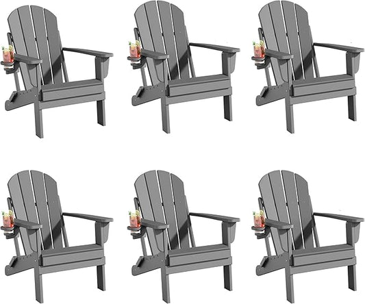 Folding Adirondack Chairs Set of 6, All-Weather Resistant HDPE Patio Firepit Chairs, Sturdy Outside Chairs with Cup Holder, Lawn Chairs, 80% Pre-Installed Load Capacity 385lb, Slate Grey