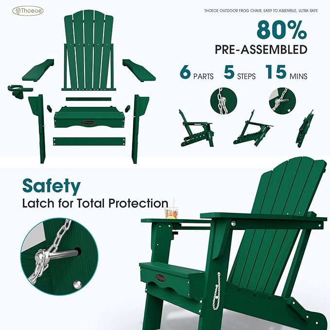 Folding Adirondack Chair, HDPE All-Weather Outdoor Chair with Cup Holder, Wooden Textured, Fire Pit Chair - Photo 4