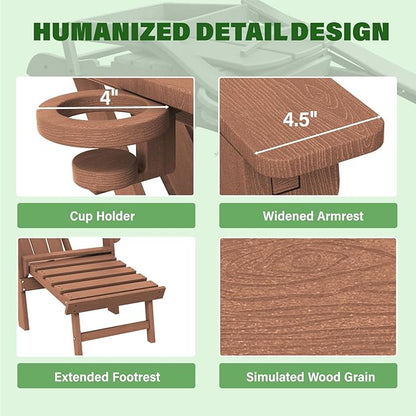 LOUNZY Folding Adjustable Adirondack Chair with Retractable Ottoman Set of 2,HDPE Recliner Adirondack Chair with Cup Holder for Deck Lawn Fire Pit, Brown