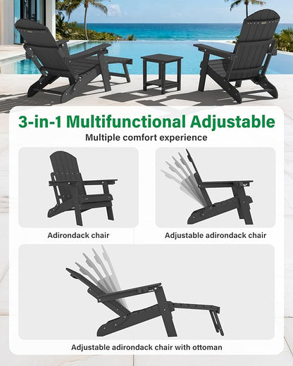 YEFU Adjustable Adirondack Chair with Retractable Ottoman Set of 8,Folding Adirondack Chair with Cup-Holder, Outdoor Chairs with Footrest,Weather Resistant Fire Pit Chairs,for Patio Lawn