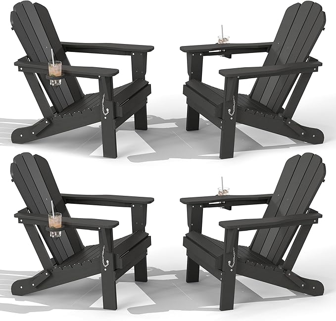 Domi Folding Adirondack Chair Set of 4, HDPE All-Weather Adirondack Chairs with Cup Holder, Outdoor Plastic Fire Pit Chairs Wood Texture for Poolside, Patio, Backyard, Deck (Grey)