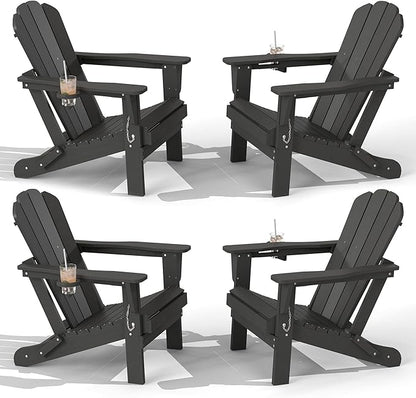 Domi Folding Adirondack Chair Set of 4, HDPE All-Weather Adirondack Chairs with Cup Holder, Outdoor Plastic Fire Pit Chairs Wood Texture for Poolside, Patio, Backyard, Deck (Grey)