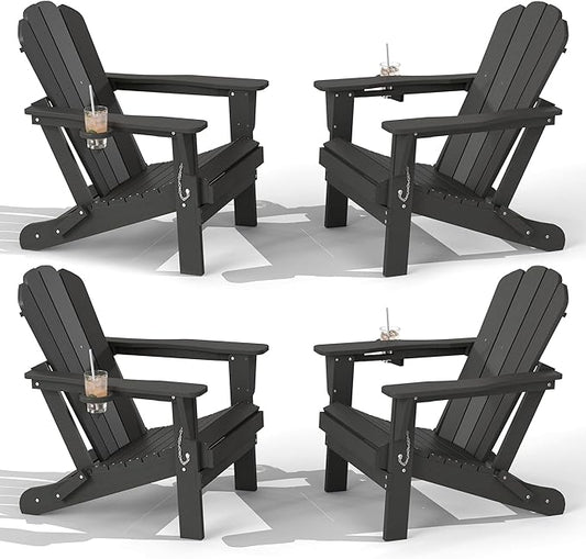 Domi Folding Adirondack Chair Set of 4, HDPE All-Weather Adirondack Chairs with Cup Holder, Outdoor Plastic Fire Pit Chairs Wood Texture for Poolside, Patio, Backyard, Deck (Grey)