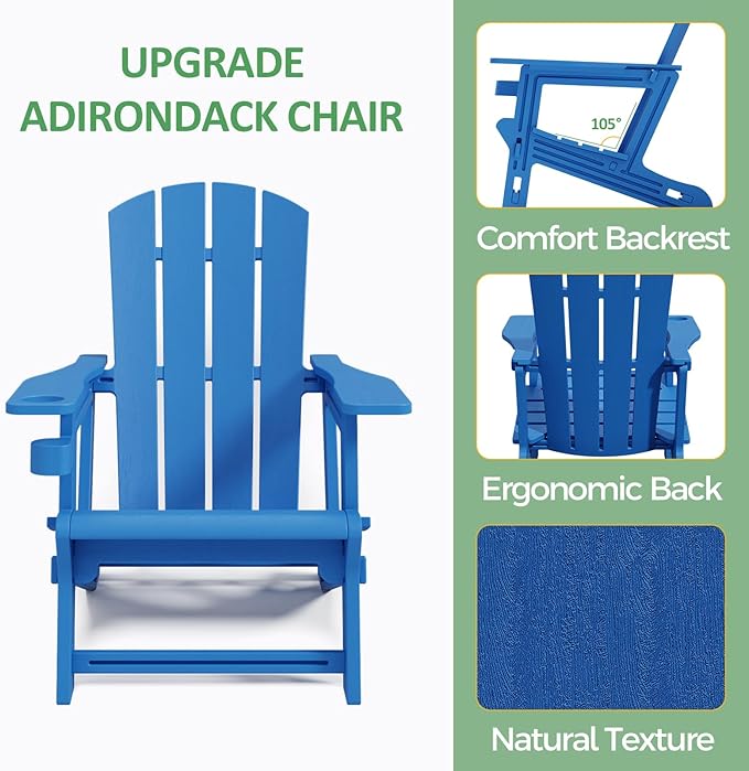 FONTOI Adirondack Chair, Outdoor Weather Resistant Lawn Furniture, Plastic Adirondack Chair with Cup Holder, 400 LBS Capacity Recliner, Garden Backyard Patio Without Screws Install,Set of 2 Klein Blue