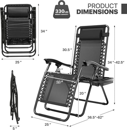 Magshion Zero Gravity Lounge Chairs Set of 2, Outdoor Patio Reclining Chair with Side Tray, Adjustable Anti-Gravity Recliners with Pillow Headrest, Folding Lounger for Lawn Camping Beach, Black