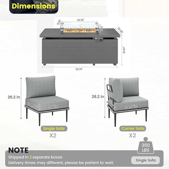 Sundale Outdoor 5 Pieces Patio Furniture Set with Fire Pit Table, Metal Outdoor Sectional Sofa with 6" Olefin Cushion - Photo 2