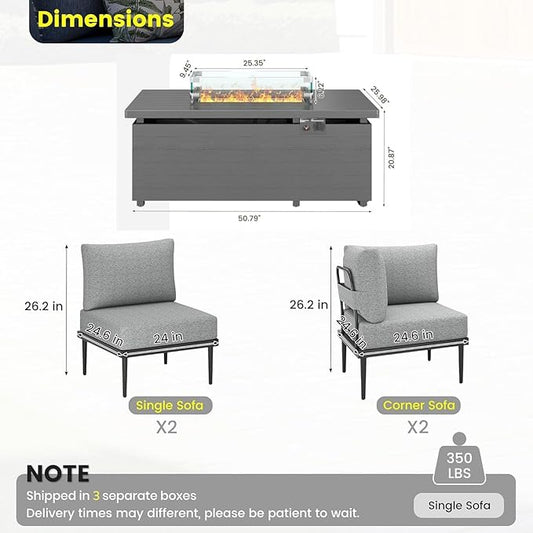 Sundale Outdoor 5 Pieces Patio Furniture Set with Fire Pit Table, Metal Outdoor Sectional Sofa with 6" Olefin Cushion, Modern Outdoor Conversation Sets for Backyard, Poolside, Sunroom