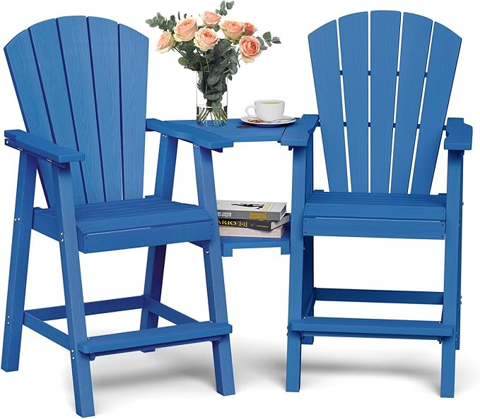 Ciokea Tall Adirondack Chairs Set of 2, HDPE Outdoor Adirondack Bar Stools with Double Connecting Tray, Weather Resistant High Back Adirondack Balcony Chairs for Deck, Lawn, Pool, Backyard, Navy Blue