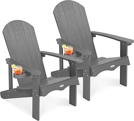 Y&M Adirondack Chair Set of 2, Dark Grey Fire Pit Chairs, Outdoor Patio Chairs with Cup Holder, Weather Resistant HDPE Wooden Textured Patio Chairs, Perfect for Garden, Lawn, Deck, or Poolside