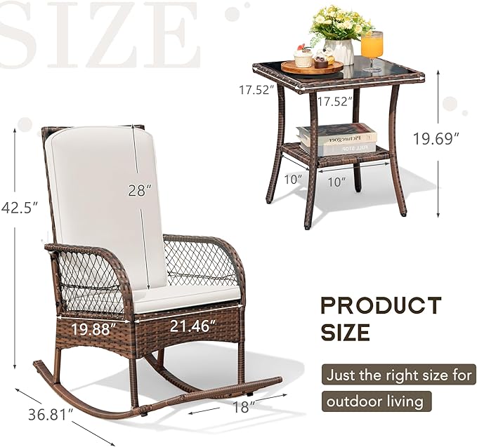 Devoko Outdoor Rocking Chairs 3 Piece Patio Furniture Set with Side Table & Cushions, Wicker Porch Rocker Bistro Set High Back for Balcony, Backyard, Garden (Beige)