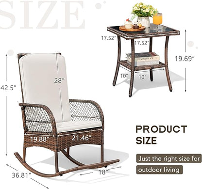 Devoko Outdoor Rocking Chairs 3 Piece Patio Furniture Set with Side Table & Cushions, Wicker Porch Rocker Bistro Set High Back for Balcony, Backyard, Garden (Beige)