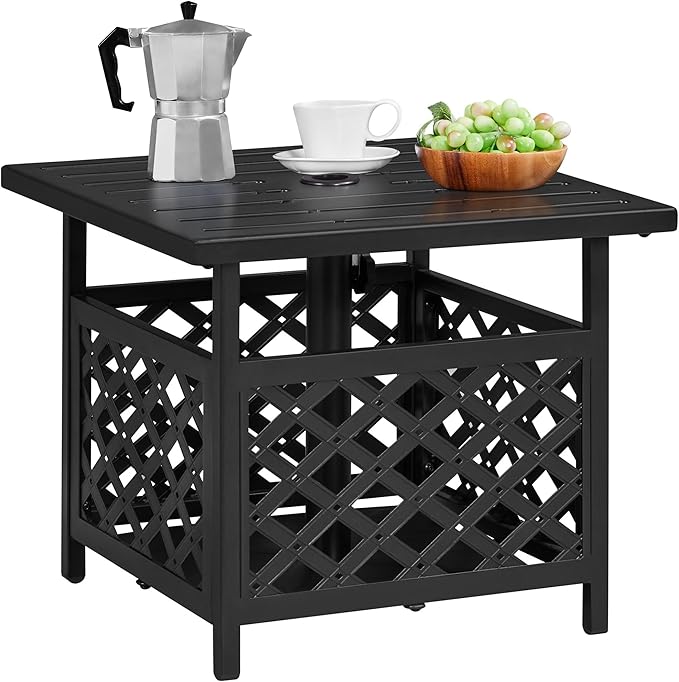 Yaheetech Outdoor Side Table with Umbrella Hole, Outdoor Table Base Metal Patio Side Table Coffee Table End Table for Garden, Pool, Deck