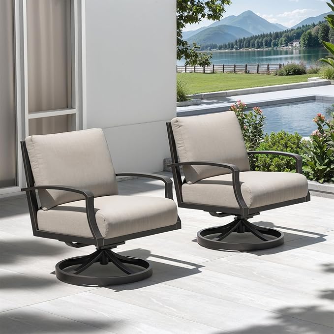 Patio Swivel Armchairs Set of 2, Never-Rust Aluminum Swivel Sofa Chairs with Thick Cushion, Wide Seating Outdoor Sofa Chairs Backyard Club Chairs for Poolside, Porch, Indoor, Dark Bronze