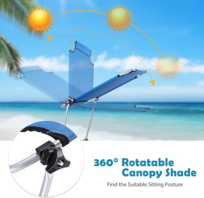 COSTWAY Beach Lounge Chair, Foldable Chaise Lounge with Canopy, Adjustable Backrest & Side Pocket, Tanning Chair for Seaside, Pool, Patio (Navy)