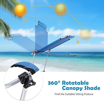 COSTWAY Beach Lounge Chair, Foldable Chaise Lounge with Canopy, Adjustable Backrest & Side Pocket, Tanning Chair for Seaside, Pool, Patio (Navy)